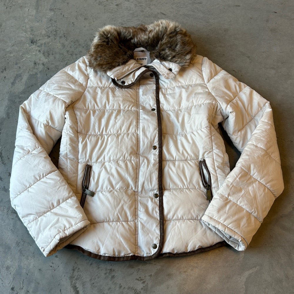Old Navy Womens Off White Quilted Puffer Jacket Faux Fur Collar XS j213